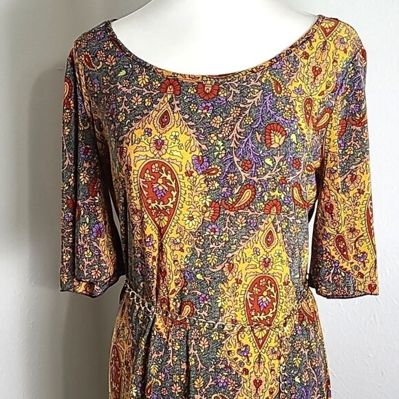 Mlle Gabrielle Colorful Paisley Sheath Dress with Gold Chain Belt, Size Medium - Picture 2 of 11